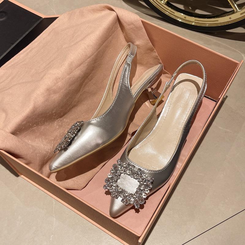 Новая женская обувь 2024 года, туфли-лодочки с острым носком, нежно-розового цвета, с бриллиантами, однотонные, с ремешком на пятке, модная женская обувь для платья, сандалии для вечеринки