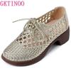 Fashion GKTINOO Genuine Leather Woven Thick Heels Women's Shoes 2025 Summer New Lace-up Soft Sole Casual Hollow Breathable Sandals