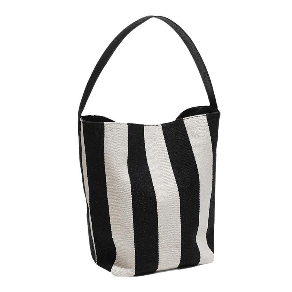 Pattern Black White Stripe Bag Drawstring Wide Straps Bucket Bag Stripe Canvas Handbag Shopping