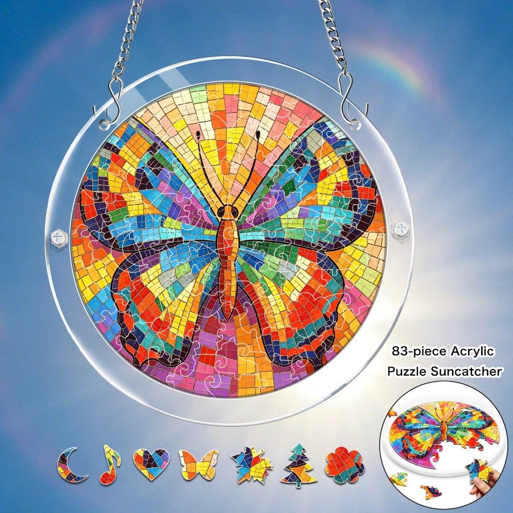1Set/83pcs 18.8Cm Acrylic Jigsaw Color Mosaic Butterfly Stained Glass Acrylic Puzzle Hanging Ornament 83pcs Decoration Rainbow Wings Prism Light Refra