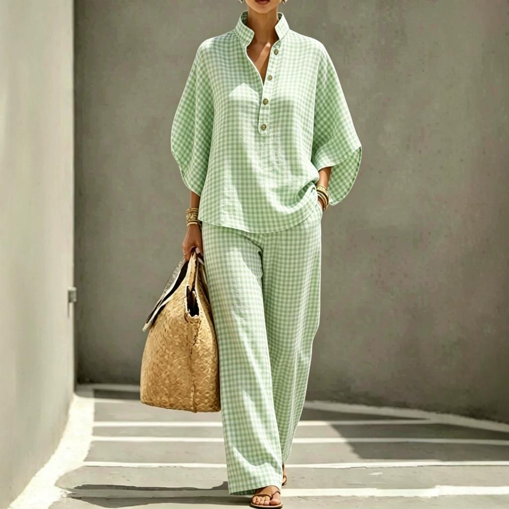 Sheng Miao European and American New Women's Plaid Shirt Set, Casual Urban Casual Style