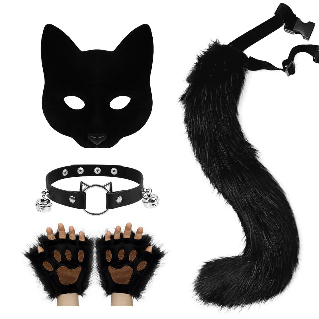 Faux Fur Half Face Mask Paw Gloves Wolf Fox Tail and Leather Necklace Set Costume for Halloween Cosplay Party