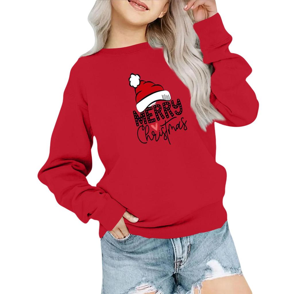 Kids' Fashion Loose-Fit Casual Long-Sleeve Christmas Print Oversized Crewneck Sweatshirt