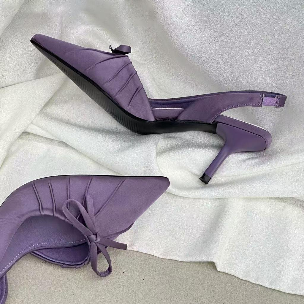 Темпераментные сандалии с острым носком и бантом-плиссе, туфли-лодочки, французская ниша, высокие каблуки, женские, новые модели весна-лето 2025