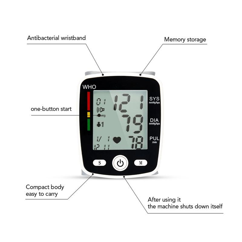 Rechargeable Wrist Blood Pressure Monitor Automatic Digital Heart Rate PR Measure Meter