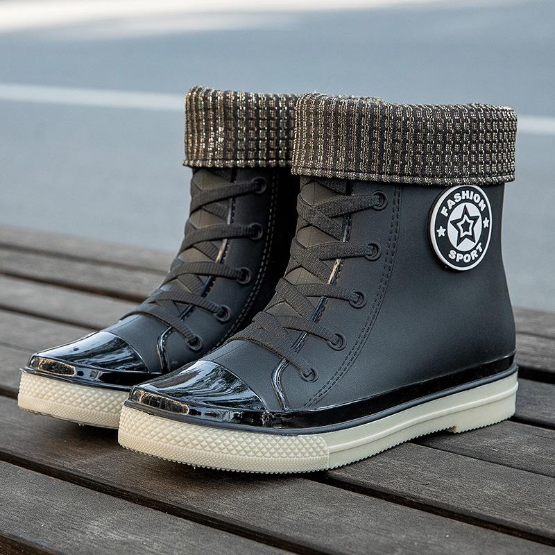 Fashion short tube women's waterproof shoes rain shoes student trend rubber shoes velvet warm non-slip rain boots women