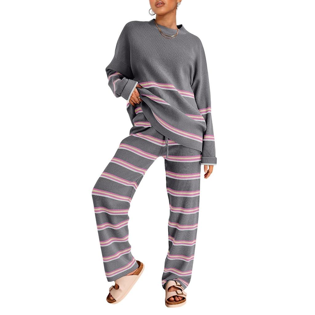 Women's 2 Piece Outfits For Women Oversized Striped Sweaters Sets