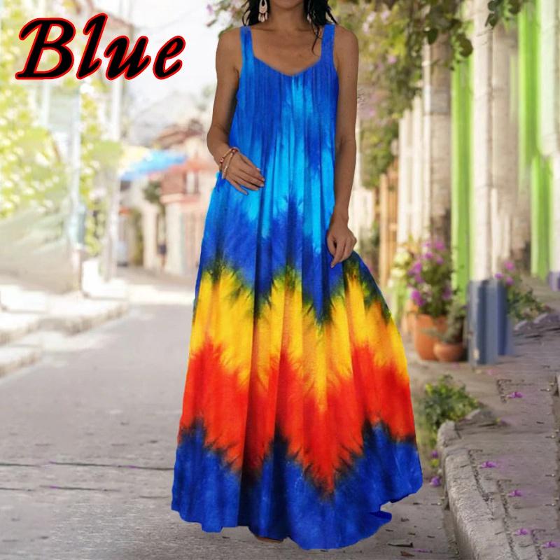 Women Fashion Sleeveless Swing Long Sling Dress Boho Tie Dye 3D Printed Maxi Dresses Casual Spaghetti Straps Summer Dresses Plus Size