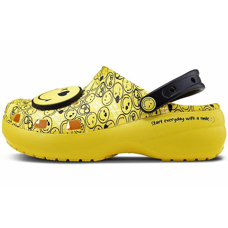 Crocs Smiley X Классические клоги Eva Толстая подошва Облачные туфли Женские клоги Желтый Черный 207233-90H