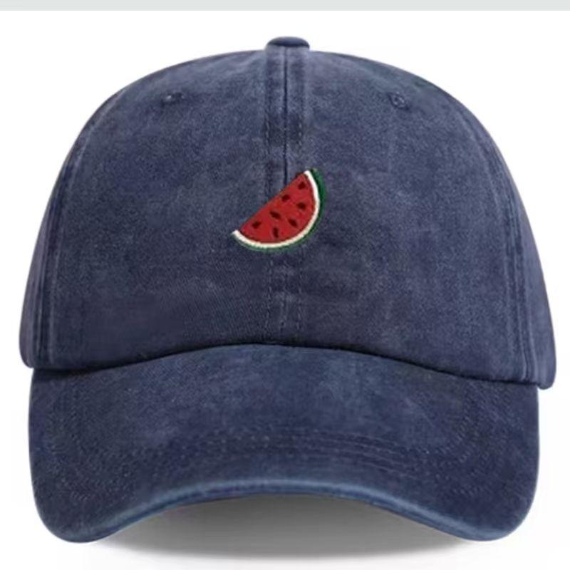 Retro washed black baseball cap, printed watermelon slice logo - Unisex's and Women's universal curved cap, suitable for outdoor, t
