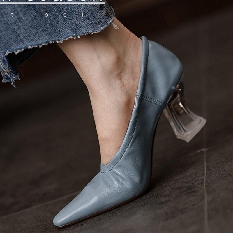 Women Pumps Natural Leather Shoes Plus Size 22-26.5cm Length Soft Sheepskin Pointed Crystal Heel Full Leather Shoes