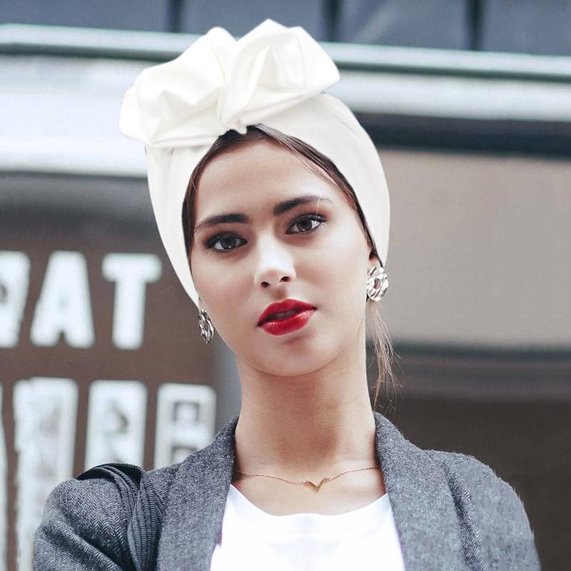New Women Hijab Turban Solid Large Bow Head Scarf Muslim Women Scarf French Retro Flower Head Cap Hat Fashion Ladies Bandanas