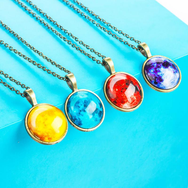 Серебряное бронзовое покрытие, модное стеклянное подарочное кабошон, подвеска в виде Луны, цепочка, светится в темноте, ожерелье с планетой галактики, новое звездное небо, унисекс, 1 шт., Вселенная