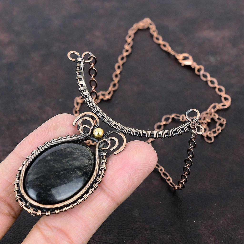 Серебряное ожерелье из обсидиана, медная проволока, регулируемое ожерелье, медные украшения ручной работы, ожерелье из драгоценных камней, достойный ювелирный подарок для мамы