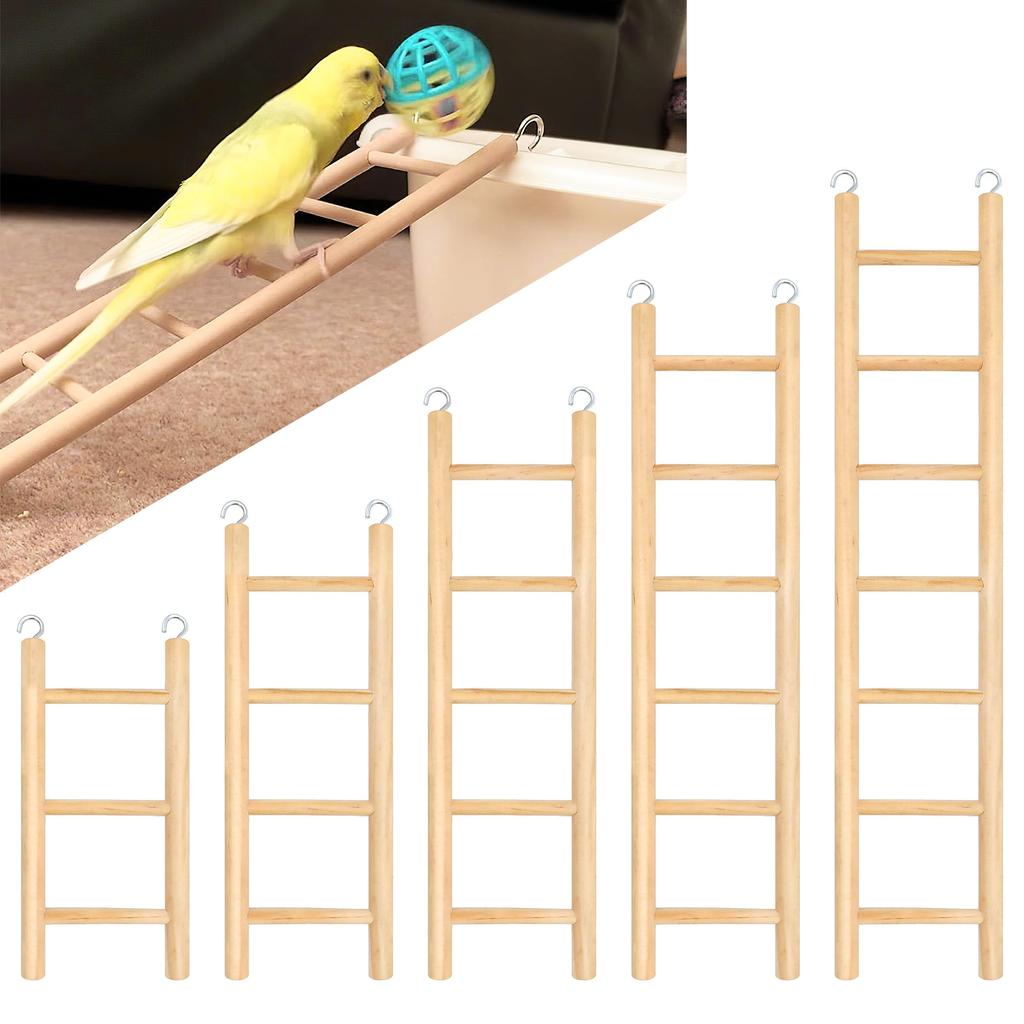 5-Size Natural Wood Bird Ladder Set for Parrot Cage - Multi-Length Wooden Perch with Easy Hook Installation for Parakeets, Cockatoos, Lovebirds