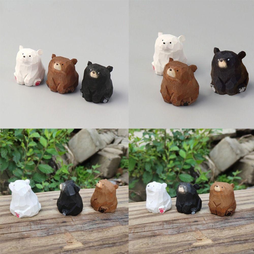 Cute Wooden Bear Figurines Solid Wood Mini Bear Statue Creative Polar Bear Ornament  Car