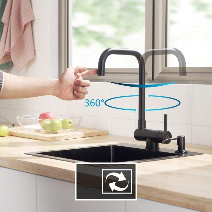 60x45cm Évier de Cuisine avec Égouttoir noir anthracite+mitigeur pliant