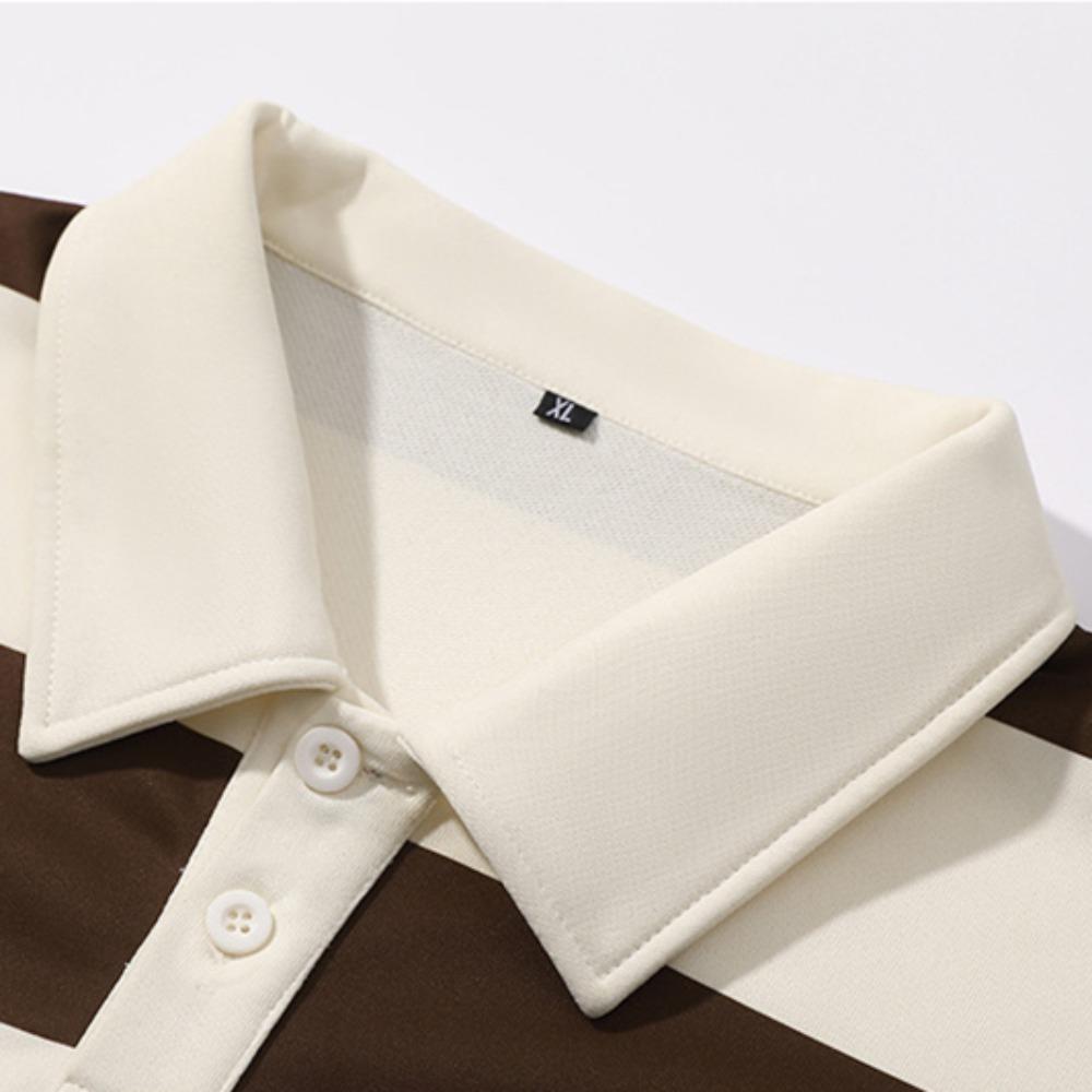 Men Long-sleeved T-shirt 2025 Autumn New Fashion Trend Striped Printing Casual Loose Outdoor Camping Lapel Top Couple POLO Shirt