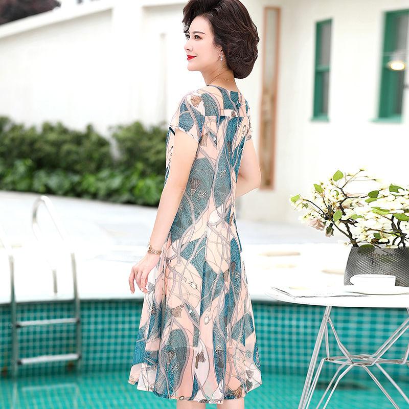 Женское летнее платье среднего возраста для матери, шифоновая вуаль, короткий рукав, круглый вырез, повседневная одежда средней длины с принтом