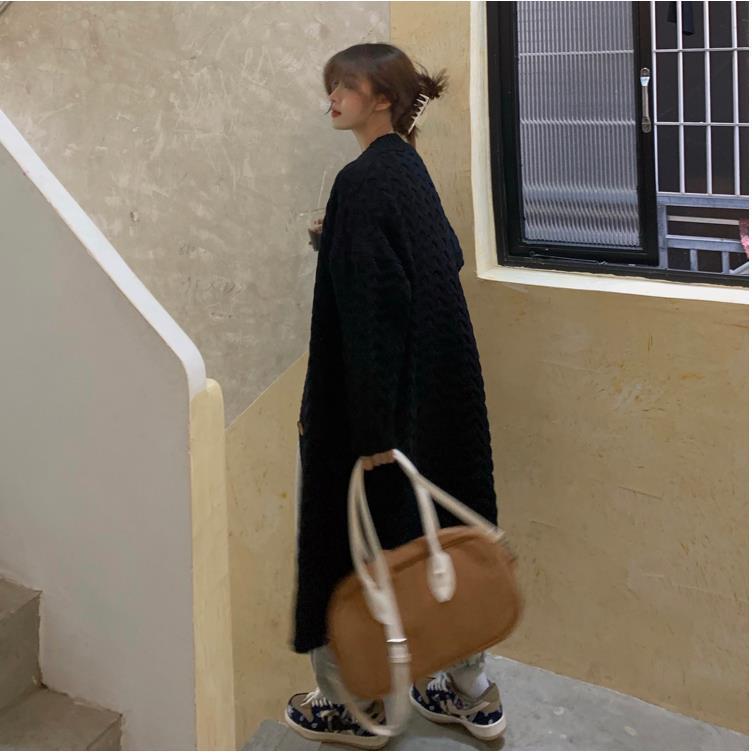 Женский кардиган свитер крупной вязки в корейском стиле до колена - Осень/Зима, Универсальный, Свободный крой, Толстый