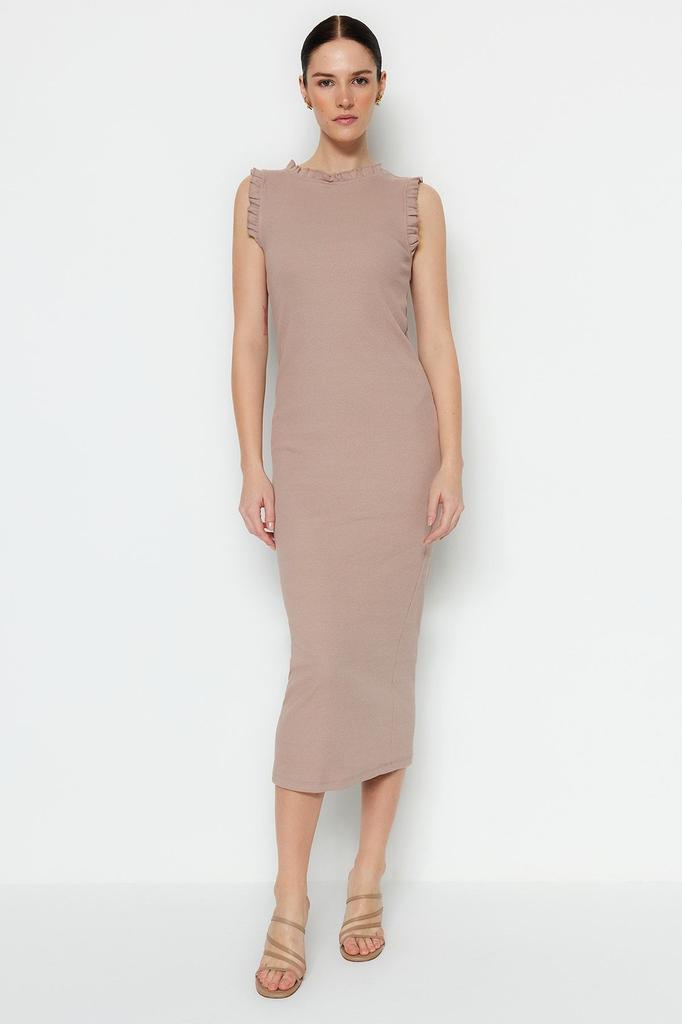 Women's Style Dress Mink Ruffle Detailed Ribbed Bodycone Fitted Midi Smart Flexible Knitted Pencil Dress