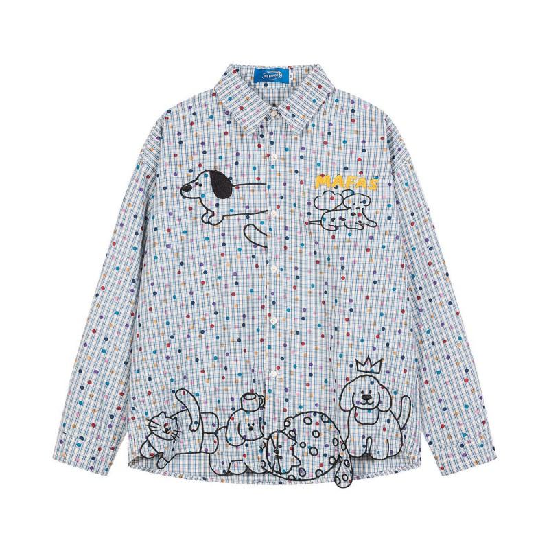 American Retro Cartoon Plaid Long Sleeve Shirt Unisex Polka Dot Puppy Embroidery Loose Casual Blouse