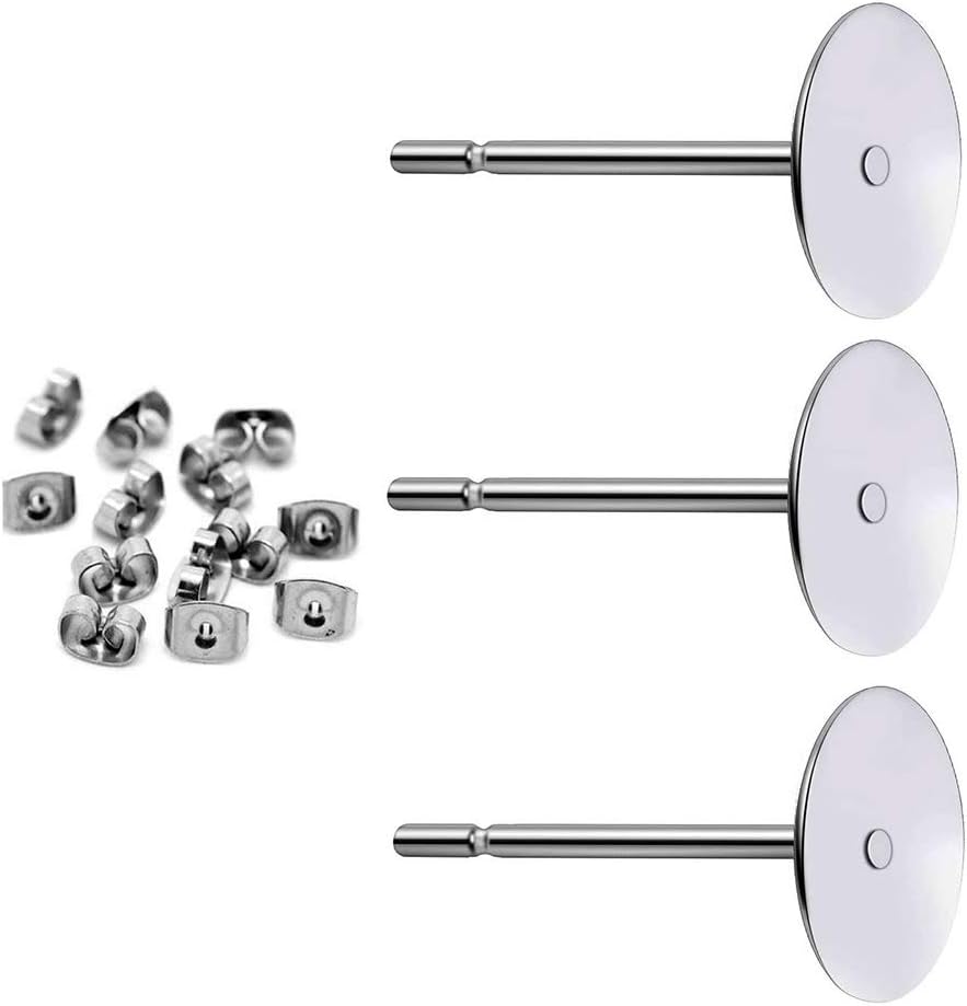 400pcs Hypoallergenic Stainless Steel Earrings Posts Flat Pad Blank Earring Pin Studs with Butterfly Earring Backs for Jewelry Making Findings (6mm)