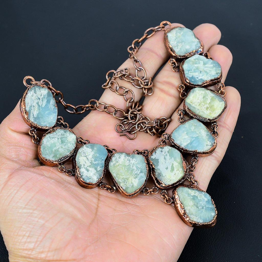 Ларимар Ожерелье из драгоценных камней ручной работы, Медное гальванопластическое ожерелье, Антикварные украшения, Регулируемое ожерелье, Подарок на помолвку