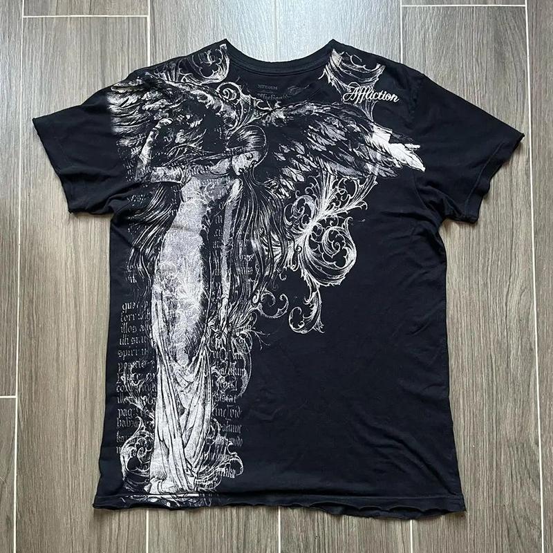 Футболка в стиле ретро Y2K, новая хип-хоп-футболка в стиле Харадзюку с круглым вырезом и коротким рукавом, готический принт, свободный топ, уличная одежда