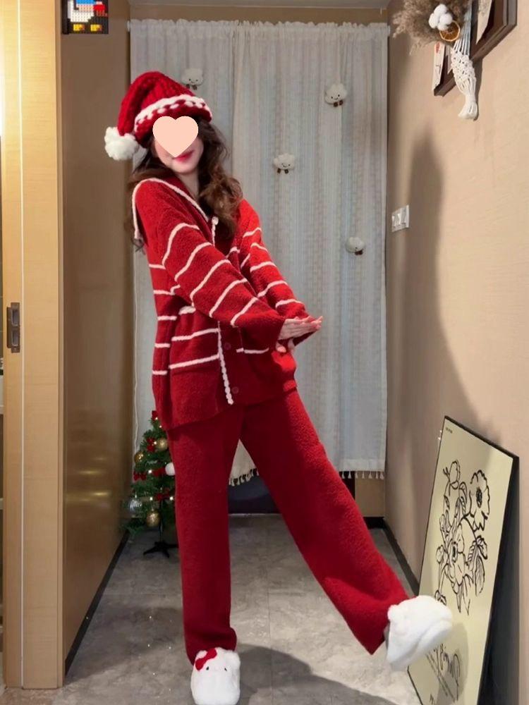 Женская бархатная домашняя пижама в корейском стиле, утолщенный комплект больших размеров для осени и зимы с рождественским настроением.