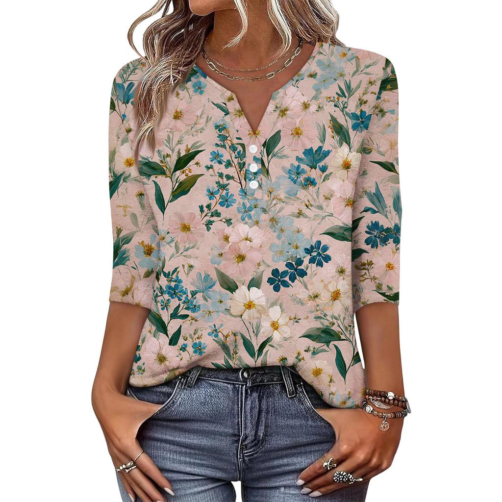 Женская модная повседневная ретро футболка с цветочным принтом, V-образным вырезом, на пуговицах, с рукавом три четверти