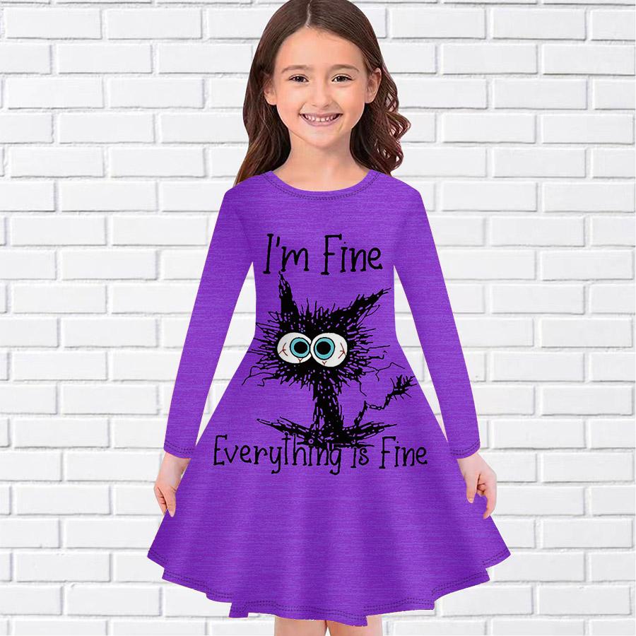 Повседневное платье для девочек с принтом «Глупый кот» и круглым вырезом, длинными рукавами, детское платье принцессы
