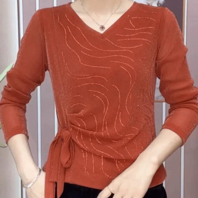 Новый иностранный стиль V-образный вырез горячая ромбовидная нижняя рубашка ранняя осень одежда для мам темперамент уменьшающая возраст и тонкие длинные рукава женские топы прилив