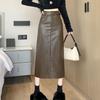 Кожаная длинная юбка женская новая корейская версия тонкой высокой талии иностранной юбки А-образного силуэта полудлинная юбка длинная юбка с одним шагом осень и зима