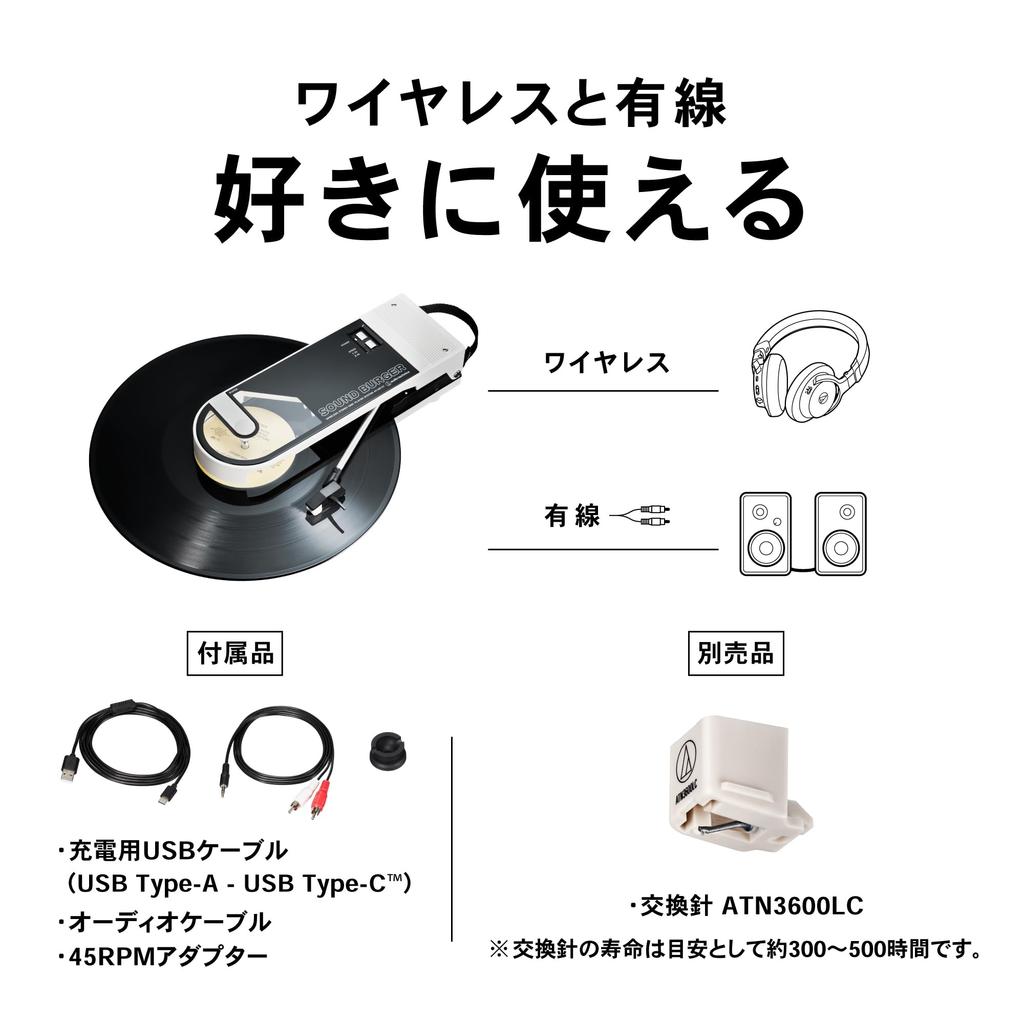 Audio-Technica AT-SB727 Soundburger Wireless Record Player, Portable, Compact, Lightweight, USB Charging, Bluetooth, Belt Drive, White (AT-SB727 WH)