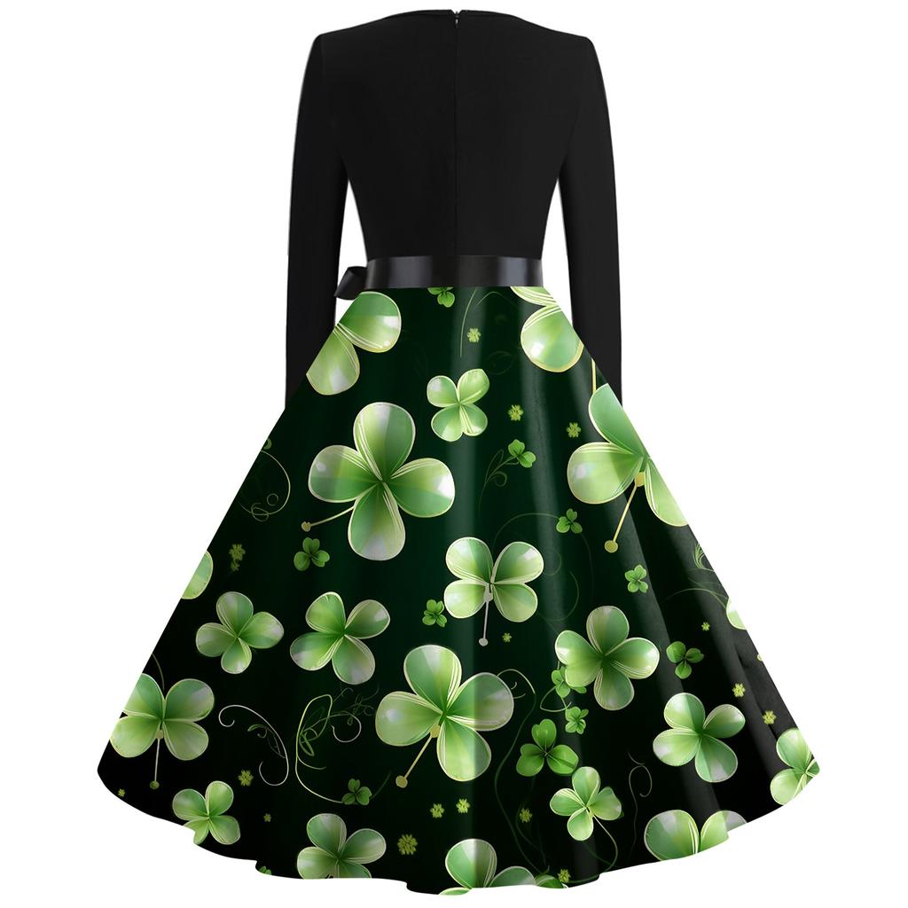 Women's Fashion Round Neck Casual Slim St Patrick's Day Printed Long Sleeve Dresses