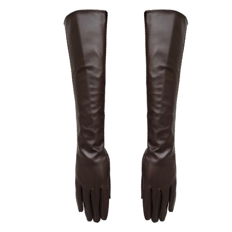 Fashion Lady Solid Color Faux Leather Full Finger Long Arm Gloves Stage Mittens