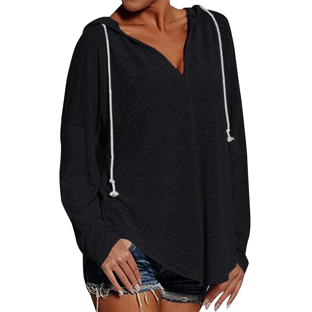Женский модный легкий однотонный топ с длинными рукавами и капюшоном на шнурке