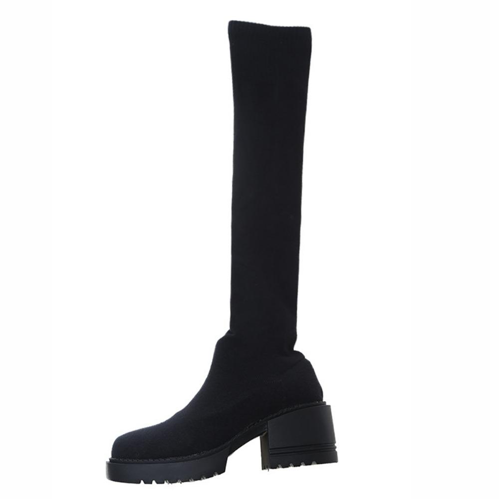 Fashion Women's Shoes Autumn/winter Thick Soled Knitted Long Boots Womens New Knee Length Elastic Socks Bootsround Toe High Heels Boots