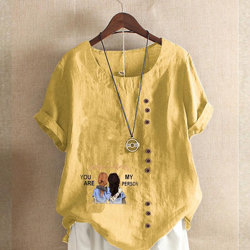 Women's Fashion Round Neck Short Sleeve T-shirt Casual Cotton Linen Graphic Shirt Leisure Loose Good Sisters Prined Summer Blouse Tops