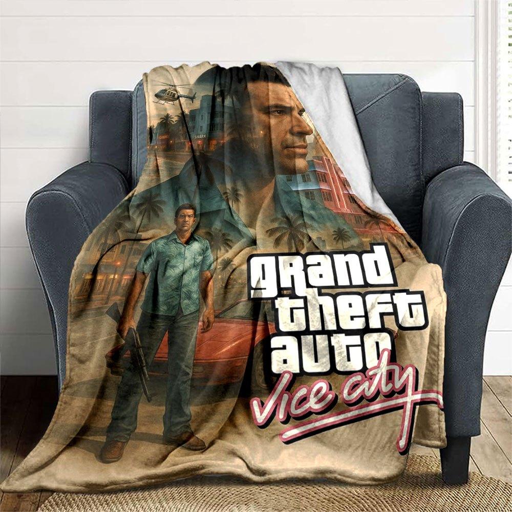 1 шт. Мягкое фланелевое одеяло Grand Theft Auto с дизайнерским принтом. Уютное одеяло для всех сезонов, идеально подходит для дивана, кровати, офиса