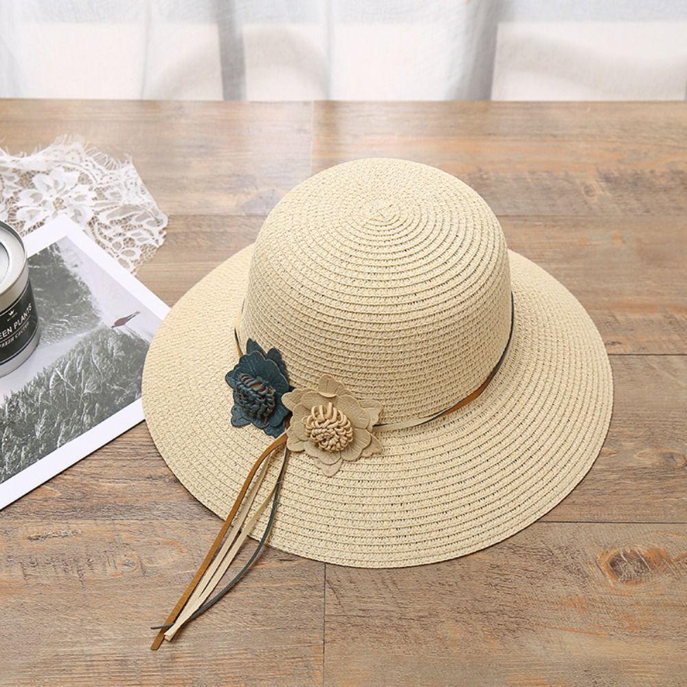 For Travel Woven Summer Beach Sunshade Hat Sun Hat Flower Straw Hat Panama Style Hat