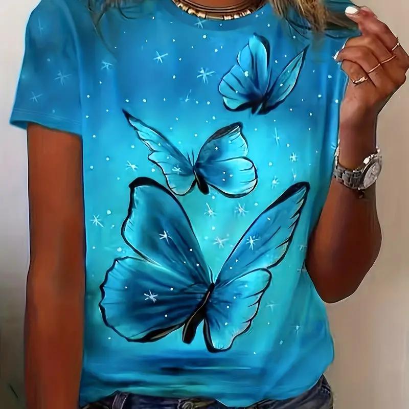 2024 модная женская футболка с 3D принтом бабочки и круглым воротником, с коротким рукавом, роскошная женская футболка большого размера, одежда Y2K для девочек