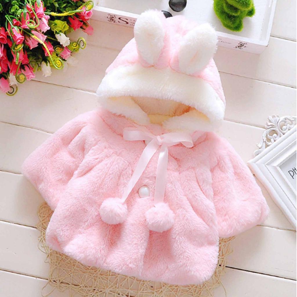 Girls Cape Rabbit Ears Hooded Coat Winter Cute Furry Ball Coat