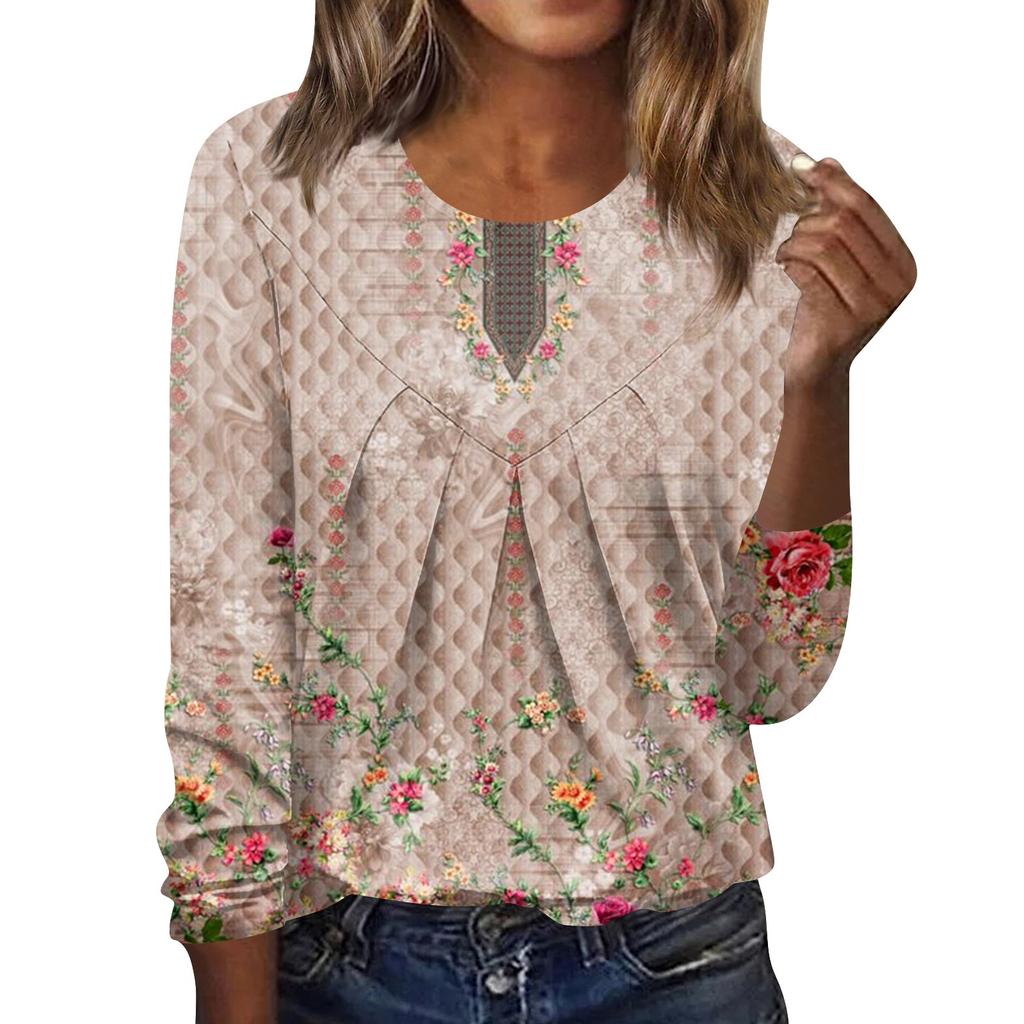 Женская повседневная модная блузка с длинным рукавом и круглым вырезом с цветочным принтом и пуловером