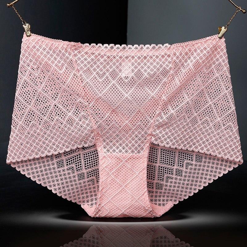 New Women Breathable Panties Sexy Lace Mesh Hollow Silk Knickers Bottom Cotton Health Briefs Quality Butt Lifter Pants Plus Size