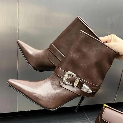 Модные тонкие ботильоны на высоком каблуке для женщин, сексуальные с острым носком, украшенные стразами и ремешком с пряжкой, элегантная обувь для вечеринок