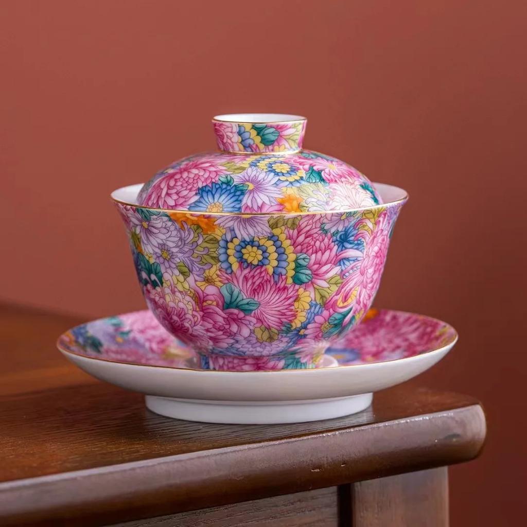 Ceramic Gaiwan with Cover, Teacup Light, Chinese Beauty Tea Infuser, Home Tea Set Accessories, Palace , Enamel Color