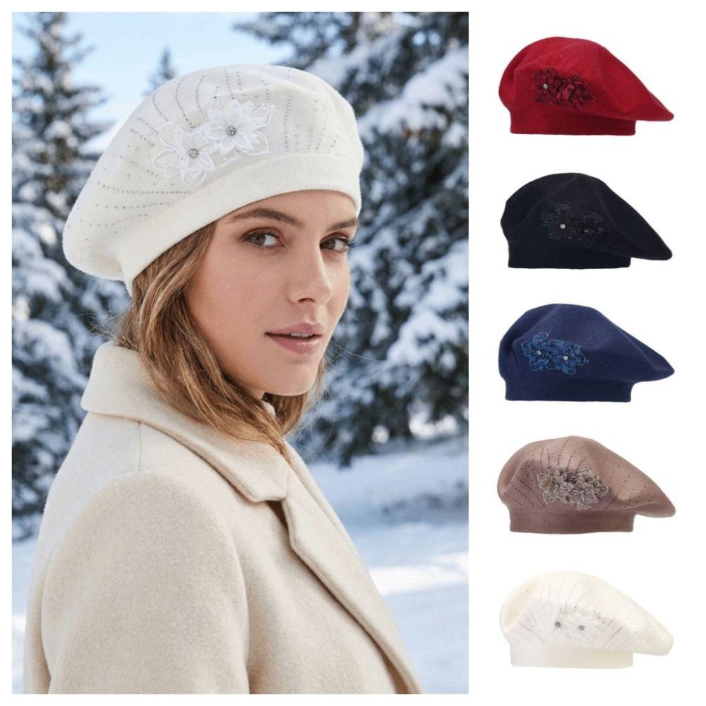 Solid Color Flower Wool Beret Rhinestone Beret Hat Elegant French Style Painter Cap Autumn Winter