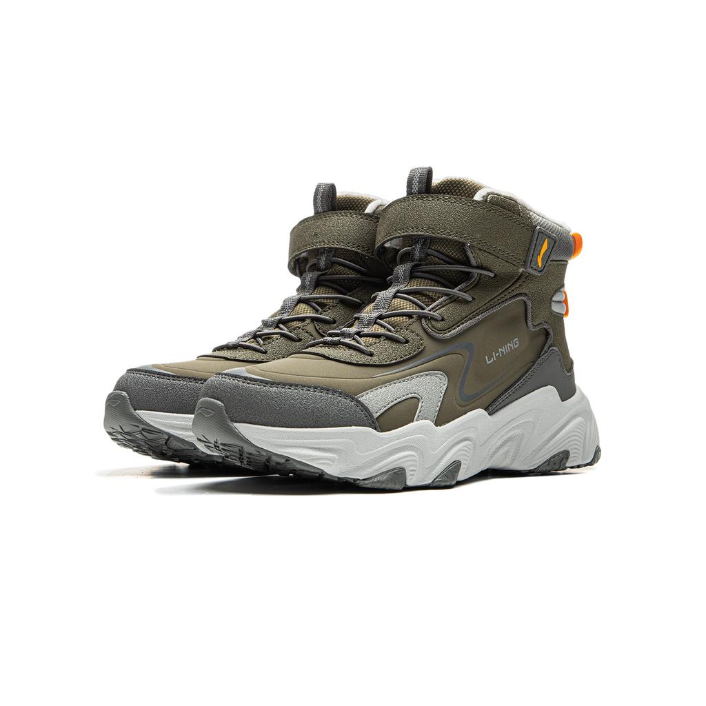 Li Ning Kids Versatile Shock Absorbing Wear Resistant Rebound Warm High Top Casual Shoes Kids Casual Shoes Military-Green Asphalt-Gray YKCU186-35